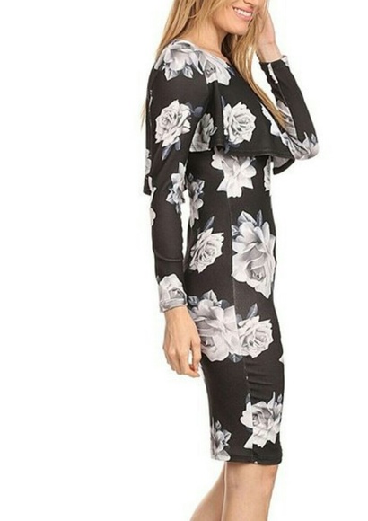 Gray Floral Ruffle Bodice Bodycon Dress - - Picture 3 of 4